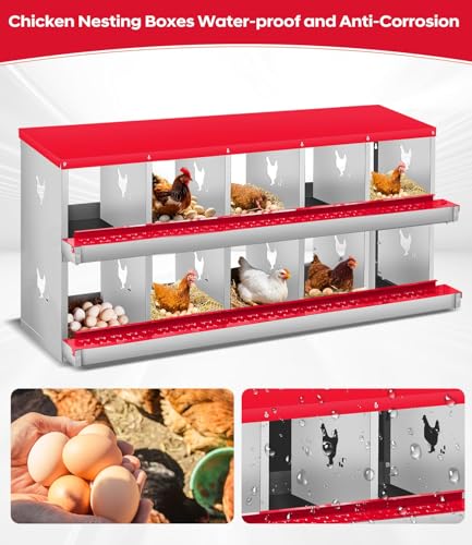 10 Compartment Chicken Nesting Box, Heavy Duty Metal Laying Box with Perch, Easy Assembly & Easy Clean for Outdoor Chicken Coop, Red - color: Red, size: 10 Compartment