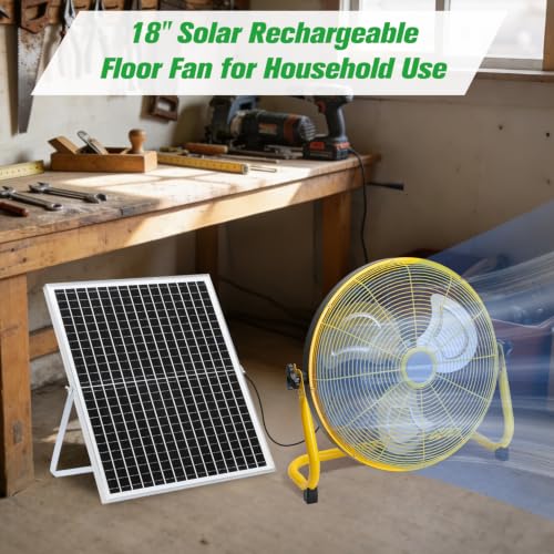blessny 18" Large Solar Rechargeable Floor Fan for Home Gazebo Greenhouse | 35W Solar Panel with 23 Ft Long Cord for Camping Barn Poultry Pet House Outdoor Cooling or Air Circulation
