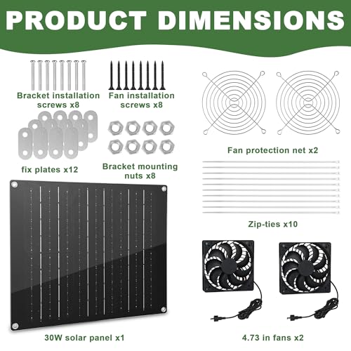 Solar Powered Fan, 30W Solar Fan with Two IPX7 Waterproof Fans for Outside Greenhouse Shed Chicken Coop, Exhaust Intake Mounting Way and Solar Panel Fan Kit - size: 4.7" Fan