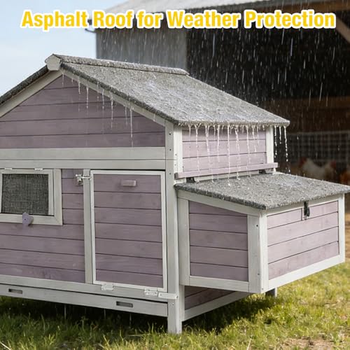 Large Chicken Coop for 2-4 Hens, Outdoor Wooden Hen House with 4 Nesting Boxes, Weatherproof Asphalt Roof, Dual Ramp Doors, Pull-Out Tray - color: Grey, size: 67.2"L x 36.8"W x 40.6"H