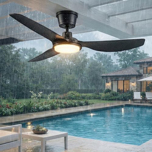 Newday 52 Inch Black IP66 Waterproof Outdoor Ceiling Fan with Light Remote | 3CCT dimmable LED, 9000CFM quiet DC, weatherproof heavy-duty airflow, high wind cooling for gazebo, patio, porch, pergola - size: 52 Inch