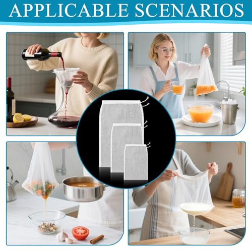 Cheese Cloth Bag For Straining Reusable Nut Milk Bags Nylon Washable Fine Mesh Strainer Bags for for Almond Yogurt Juice Cheese Making Cold Brew Coffee Beer Tea (15Pcs（3 Size）)