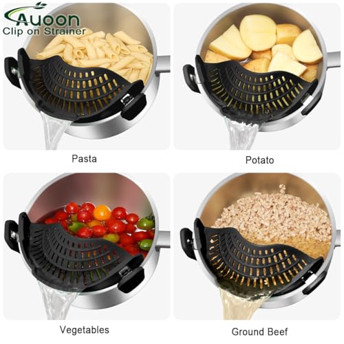 AUOON Pot Strainer Clip on Silicone, Large 10.45 x 4.33 in, Black | Fits Pots Pans Bowls, Dishwasher Safe, for Pasta Noodles Vegetable Fruits, Space-saving Kitchen Gadget - color: Black, size: Large 10.45 x 4.33 in