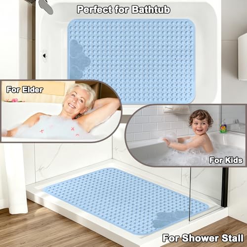 Extra Large Shower Foot Scrubber Mat, Yonala 47x32 Inch Non Slip Shower Mats for Elderly, Anti Slip Shower Mat with Suction Cups, Soft Trimmable TPE Shower Mat for Walk in Shower Stall, Heavy Mat - color: Blue