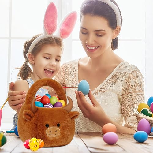 Easter Basket, Easter Baskets for Kids, Highland Cow Baskets with Handle for Gifts Empty, Bunny Egg Hunting, Basket Stuffers Essentials - color: Highland cow