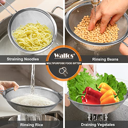 Walfos 7.8 Inch Fine Mesh Strainer, Premium Stainless Steel Colanders and Sifters, with Reinforced Frame and Sturdy Handle, Perfect for Sift, Strain, Drain and Rinse Vegetables, Pastas and Tea - style: 7.8" Large Strainer