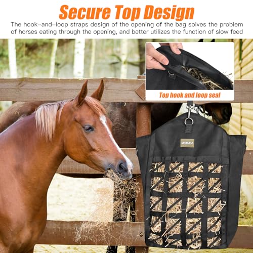 Dual Purpose Feed Horse Hay Bags, 2 Pack Large Black Oxford Fabric | Two-Sided Ultra-Slow Feed Oxford Hay Bags for Horses with Large Opening, Hook-and-Loop Top Closure & Adjustable Hanging Strap - size: Large 2 Pack