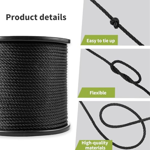 1/4 Inch × 500 FT Black Polyester Solid Braid Rope – UV & Abrasion Resistant, Low Stretch, Multipurpose for Flagpole Halyard, Clothesline, Camping, and Utility Tasks - size: 1/4 In×500 FT