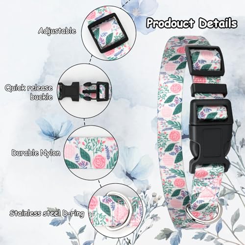2 Pack Goat Collars with Bells, Floral Adjustable Nylon Collar Set | Adjustable Nylon Collar & Sheep Grazing Copper Bells for Small Farm Animal Sheep Calf Cow Accessories(13.7"-20.5") - color: Light Green Print+ Pink Rose