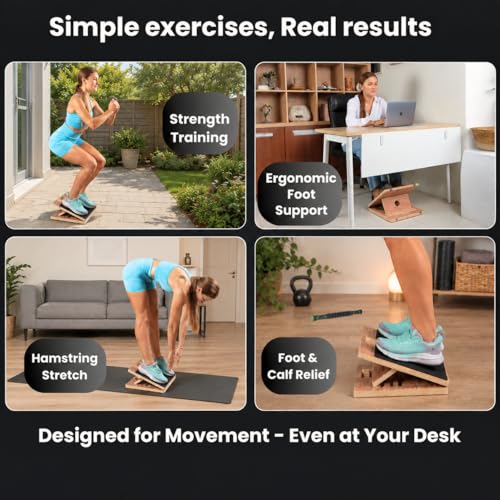 Swara 12.6″ Wooden Slant Board for Calf Stretching & Exercise, Foldable | Adjustable Calf Stretcher with Guide, Bonus Muscle Roller, Ankle Mobility Support, 400lb Capacity and Stable Foldable Design - size: 12.6x14 Inch