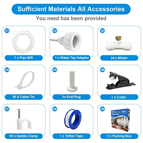 Misters for Outside Patio,Outdoor Water Misting Cooling System,80FT|24M+Tee Connector White 10PCS,Backyard Mist Kit for Garden,Greenhouse,Fan,Deck,Umbrella,Canopy,Pool,Porch.Trampoline Sprinkler Park