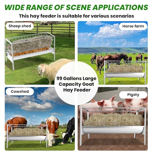 99 Gallons Goat Hay Feeder, 25'' Wide Hay Rack for Goats, Heavy Duty Galvanized Steel Hays Rack, Hays Feeders with 8'' Removable Deep Feeders Pan, Easy Assembly Goat Feeder for Sheep, Cows