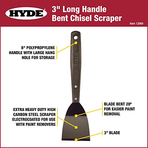 Hyde 8" Long-Handle Chisel Scraper, 3-inch Wide Angled Sharp Blade. Paint Removing, Flooring Scraper, Cabinet Scraper, Caulk Remover Tool, Removing Floor Tiles, Stripping Roofs