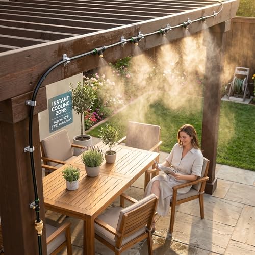 Misters for Outside Patio 63FT(19.2M)+21 Brass Mist Nozzles+a Brass Adapter(3/4") Detachable outdoor misting cooling system for Garden, waterpark, Greenhouse, Backyard, Fan, Umbrella, Deck, Canopy - size: 63 feet