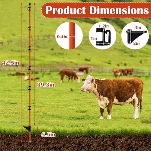 20Pcs 45in Electric Fence Post Fiberglass Stakes Temporary Fence | Electric Fence Post Temporary Fence Stakes with Clips for Cows, Sheep&Animals, Garden Protection Pole for Livestock Control