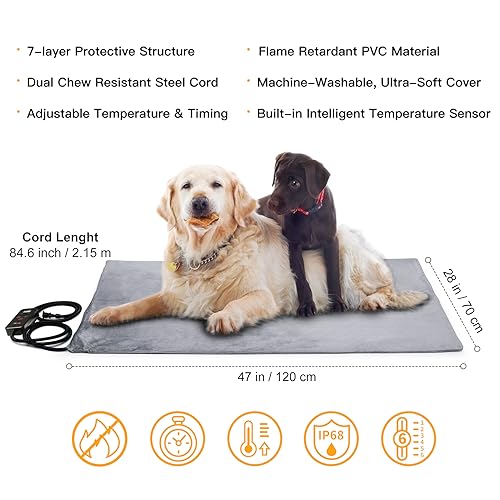 Toozey XL Pet Heating Pad, Large Dog Heated Mat, 47 x 28 in, Waterproof | 47 x 28 In, 6 Heat Settings, 4-24H Timer, Waterproof Surface, Chew-Resistant Cord, Washable Cover, Indoor Use - color: Grey, size: 47.0"L x 28.0"W x 0.6"Th