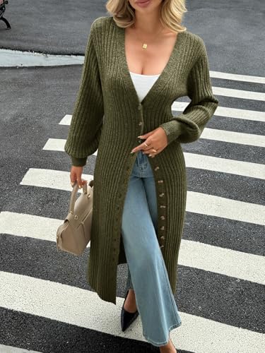Saodimallsu Womens Long Duster Cardigans Button Down Maxi Sweater Dress | Casual V Neck,Lantern Long Sleeve,2026 Oversized Chunky Knit,Floor Length Coatigan,Cute Soft Cozy,Fall Winter Trendy Coat - color: Army Green, size: XX-Large