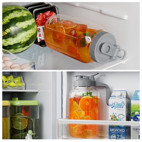 Glass Pitcher with lid, 64 oz Wide Mouth Mason Jar | Dual leak-proof lid, heavy duty glass design, pour spout and handle for cold brew coffee, sun tea and iced drinks - color: Gray, size: 64 Ounces