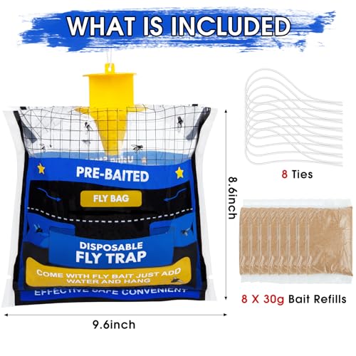 8 Pack Pre-Baited Fly Traps Outdoor Fly Bags for Patio Farm Ranch | 30g Dissolvable Bait Fly Hunter for Flying Insects, Weatherproof Outdoor Fly Bags, Fly Catcher for Chicken Coop Barn