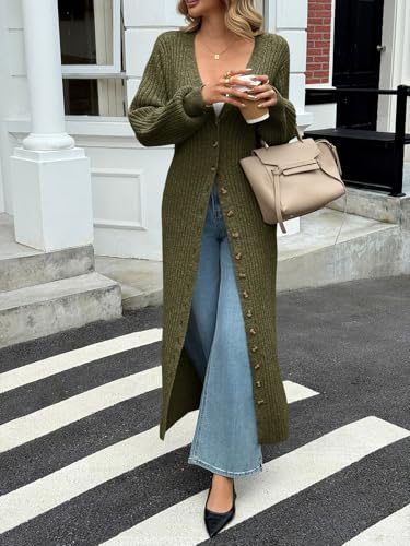 Saodimallsu Womens Long Duster Cardigans Button Down Maxi Sweater Dress | Casual V Neck,Lantern Long Sleeve,2026 Oversized Chunky Knit,Floor Length Coatigan,Cute Soft Cozy,Fall Winter Trendy Coat - color: Army Green, size: XX-Large