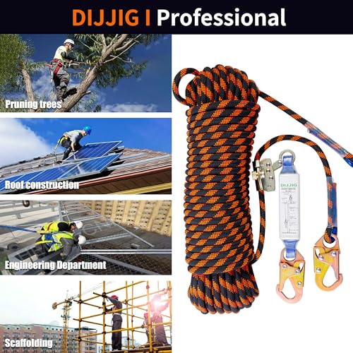 DIJJIG Rope Harness Safety Lanyard 25ft Vertical Roofing Rope With Grab Snap Hooks Shock Absorber Fall Protection Tree Climbing Line Kit Heavy Duty Roof Safety Equipment ANSI CE | Shock Absorber Fall Protection Tree Climbing Line Kit Heavy Duty Roof Safet