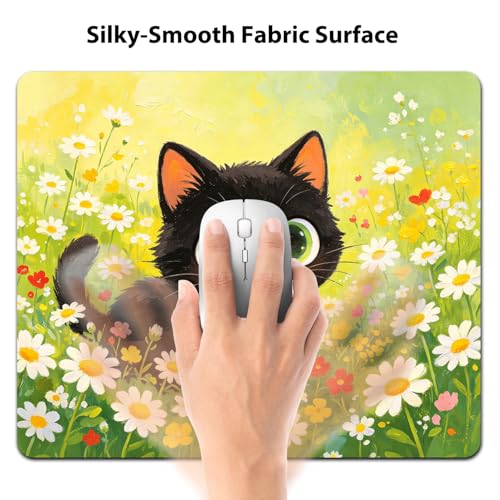 Lovely Black Kitten in Daisy Meadow Mouse Pad 9.5" x 7.9", Whimsical Spring Floral Cute Desk Mat - color: Black Kitten