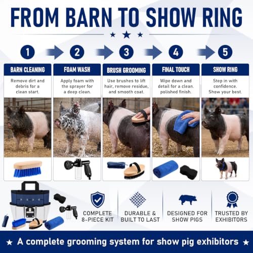 Thenshop Show Pig Supplies Starter Kit 8 Pcs, Swine Grooming Set with Foam Sprayer Pig Brushes 600d Tote Bag Microfiber Towel Leather Number Holder for County Fair Livestock Competition