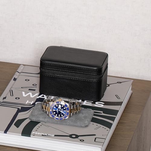 ROTHWELL 2 Watch Travel Case for Men | Compact PU Leather Protective Box with Microsuede Interior | Fits Watches & Smartwatches Up to 55mm (Black/Grey) - color: Black / Grey