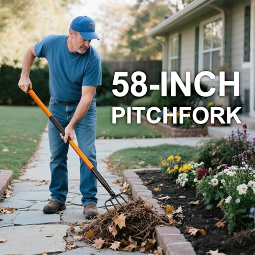 Nohovu 5 Tine Pitchfork for Gardening, Heavy Duty Pitchfork with Fiberglass Handle, Garden Fork for Mulching, 58 Inches