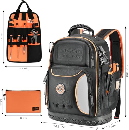 Tool Bag Backpack with 2 Canvas Tool Pouch Tool Kit, 75 Pockets & Loops Heavy Duty Tools Organizer/HVAC Tool Carrier for Eelectrician/Construction Work with Molded Base and Combination Lock, Black - color: Black1