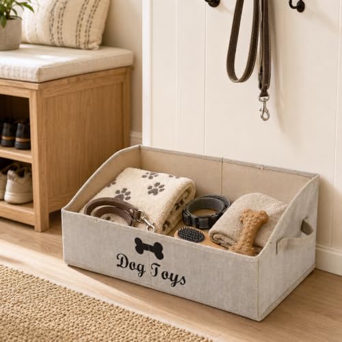 dog toy basket Large dog toy bin dog toy box storage box - Foldable Fabric Trapezoid Organizer Boxes with Handle, Collapsible Basket for Dog Toys (KhakiStripe-DOG) - color: KhakiStripe, size: Large - Dog Toys
