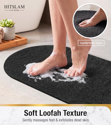 HITSLAM Oval Loofah Shower Mat Non Slip, 27x16 Inch, Black | Bath Mat for Textured Tub & Inside Shower Stall, No Suction Cups Quick Drying PVC Porous Floor Mat, Soft Foot Exfoliating - color: Black