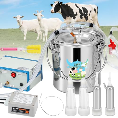 Upgraded 2-in-1 Goat Milking Machine 7L, Vacuum Pulsation Milker | Battery Powered Goat Milker with 4 Teat Cups, for Goat Cow, Auto Stop, 304 Stainless Steel Bucket, Pulsation Pulsation System - size: 7L