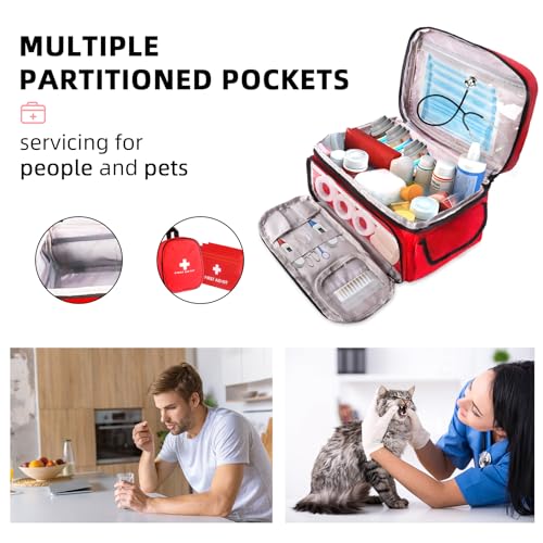 First Aid Bag Empty, 5-Piece Set with Large Medical Organizer, 3 Portable Pouches & Carry Bag for Pet First Aid Kits, Home Adventure Travel Medical Supplies (Red)
