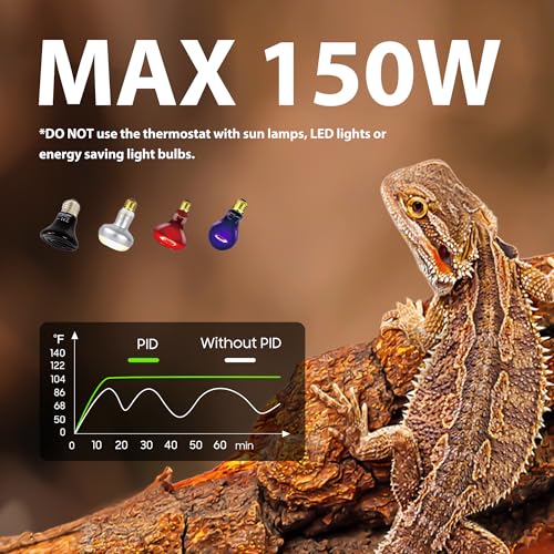 Reptile Light Fixture 8.5 Inch Dome with PID Thermostat & Night Mode 150W | Reptile Heat Lamp Fixture,Lamp Dome,for Bearded Dragon,Reptiles Terrarium,Glass Terrariums,Turtles,Snakes,Lizards - size: 8.5 inch deep