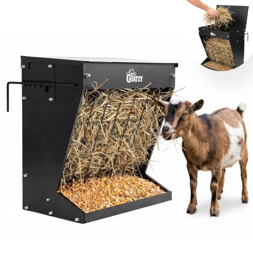 Wall Mount Hay Rack And Hay Feeder For Goats Sheep And Horses, Covered Galvanized Steel Goat Hay Feeder With Hinged Roof, 25 Gallon 2-In-1 No Waste Hanging Holder Grain Bin with hook For Cattle - color: Black