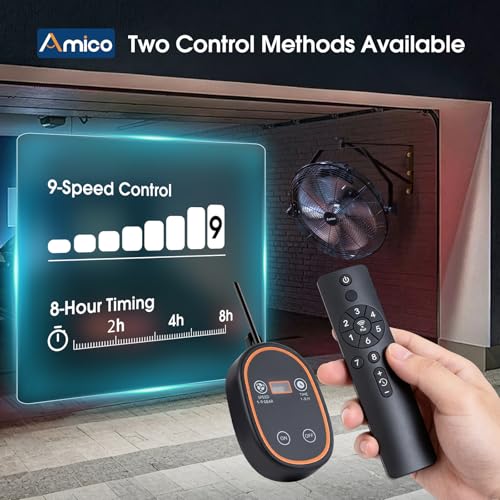 Amico 16 Inch Wall Mount Fan with Remote, 9-Speed, Brushless DC Motor | Industrial Metal Fan, High Velocity Wall Fan, 3000 CFM Commercial Fans for Garage, Greenhouse, Warehouse, Patio, Outdoor - size: 16 inch