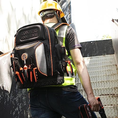Tool Bag Backpack with 2 Canvas Tool Pouch Tool Kit, 75 Pockets & Loops Heavy Duty Tools Organizer/HVAC Tool Carrier for Eelectrician/Construction Work with Molded Base and Combination Lock, Black - color: Black1