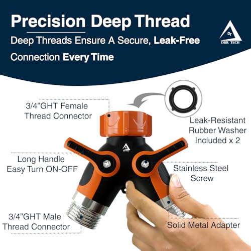 DBR Tech® Hose Splitter 2 Way, Heavy Duty Metal Connector, Two Way Garden Hose Splitter, High Flow Spigot Faucet Bib Adapter, Solid Double Y Shut Off Valve for Outdoor Gardening Hoses, Orange - color: Orange