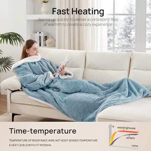 Westinghouse Wearable Heated Blanket with Foot Pocket, 50x70+18 Light Blue | Electric Snuggle Throw with Foot Pocket, Flannel Sherpa 6 Heating Levels & 2-10 Hours Auto Shut Off, Home Office Use - color: Light Blue&ivory, size: 70*50" Heated Snuggle Blanke