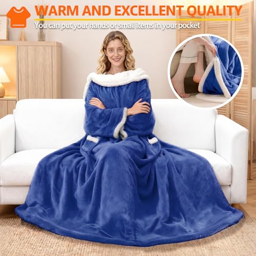 Wearable Heated Blanket With Sleeves & Foot Pocket, Heated Throw Blankets Fast Heating Blanket With 10 Heat Settings Auto Shut Off Over-Heat Protection-Warm Gift, Machine Washable, 52”*72”+18” - color: Blue