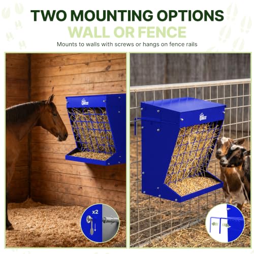 Wall Mount Hay Rack And Hay Feeder For Goats Sheep And Horses, Covered Galvanized Steel Goat Hay Feeder With Hinged Roof, 25 Gallon 2-In-1 No Waste Hanging Holder Grain Bin with hook For Cattle - color: Blue
