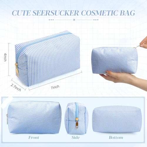 Sanwuta 20 Pcs Seersucker Cosmetic Bags Bulk, Striped Zippered,Light Blue | Makeup Bags Women Pouch, Large Preppy Storage Toiletry Travel Pouch for Wedding Bridesmaid Bride Favor Back to Teacher Gift - color: Light Blue