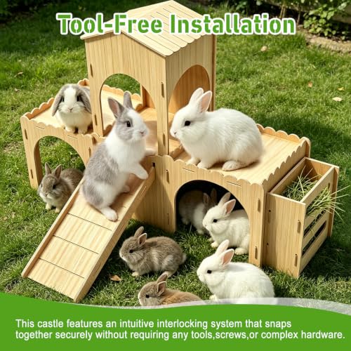 Large Rabbit Castle, Large Rabbit House Wooden Bunny House with Hay Feeder, Tool-Free Assembly for Small Animal Rabbit Guinea Pig Hedgehog