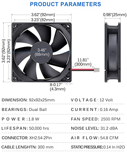 GDSTIME 92mm x 25mm 12V Dual Ball DC Brushless PC Cooling Fan 2-Pin, 2-Pack | 92x92x25mm, 12 Volt Computer Case Fans, Replacement for Wine Cooler, RV Fridge, PSU, Dehumidifier, Inverter, 9225 - size: 92x25mm