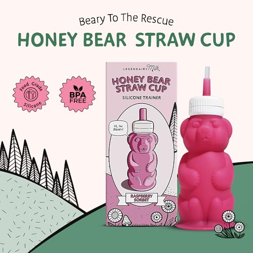 Legendairy Milk Honey Bear Straw Cup Silicone for Babies (Pink), 8 oz. Dishwasher Safe Baby Straw Cup, Food Grade Silicone, Honeybear Sippy Cup for Ages 4+ Months (Pack of 2) - color: Pink