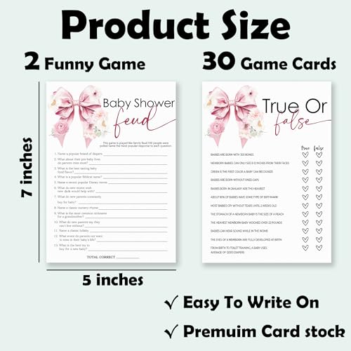 True or False & Baby Shower Feud Theme Baby Shower Game Activities-30 Pink Bow & Floral Double-Sided Game Cards(5’’x7 ’’) & 1 Answer Card(4’’x6’’) For Boys & Girls-Gender Neutral Decor & Supplies-A03 - color: True Or False & Baby Shower Feud