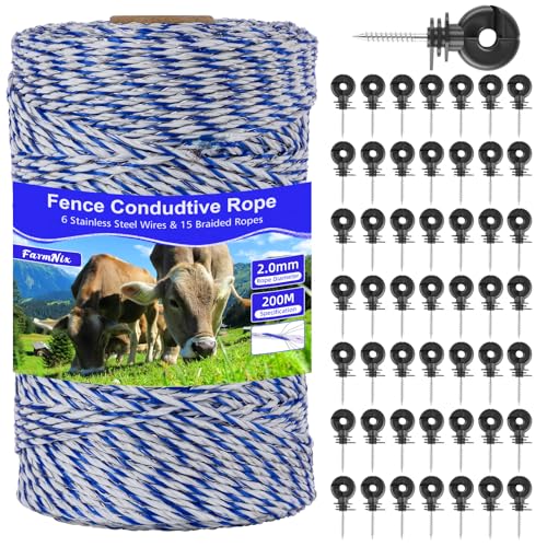 656ft Electric Fence Polywire with 50Pcs Electric Fence Insulators&1 Insulated Sleeve,6 Stainless Steel Strands for Reliable Conductivity&Rust Resistance,Portable Electric Fence Wire Kit for Livestock