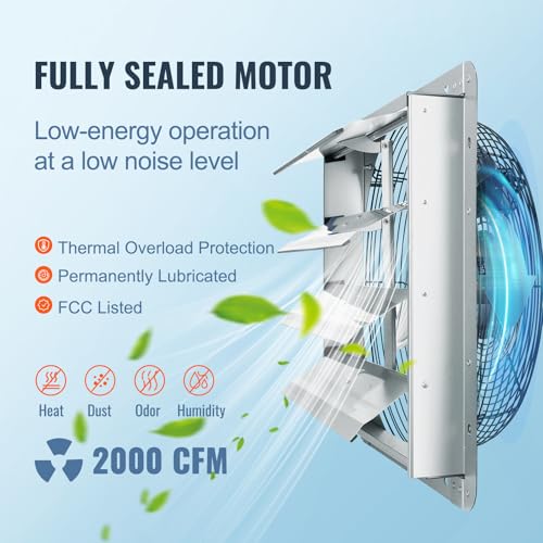VEVOR 16 Inch Shutter Exhaust Fan Wall Mounted Automatic Louvers Silver, Sturdy Steel Housing, 2438 CFM Low Noise, AC Motor, Ventilation and Cooling for Attic, Garage, Barn, Greenhouse, Workshop - size: 16 Inch
