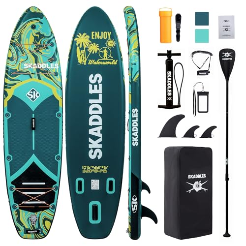 10’6’’ Inflatable Stand Up Paddle Board (SUP) for Adults and Youth with Non-Slip Deck – Complete Accessories Kit, for Fishing, Yoga, Fitness & Family Fun - color: dark green water ripple